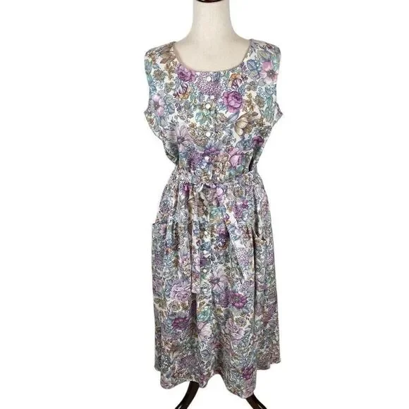 Vintage New Looks Granny floral wide strap belted sundress womens*16 Modest Boho - Picture 6 of 14